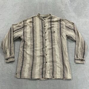 In Private Button Shirt Men's Large Striped Long Sleeve Collarless Grandad Neck